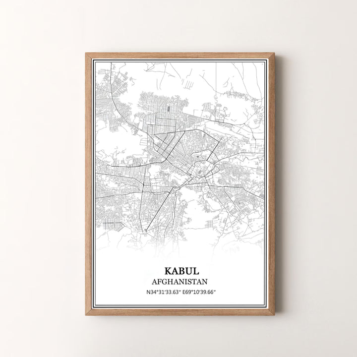 Geographic line cartography print of Kabul Afghanistan showcasing road networks and precise coordinates in black ink, offered by MapYourDreams as an unframed art print, gallery canvas print, or custom framed wall art in retro white and silver frame choices.