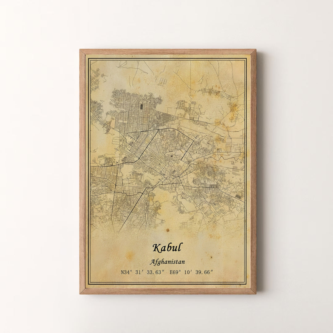 Geographic line cartography print of Kabul Afghanistan showcasing road networks and urban layout on parchment paper, offered by MapYourDreams as an unframed art print, gallery canvas print, or custom framed wall art in retro white and silver frame choices.