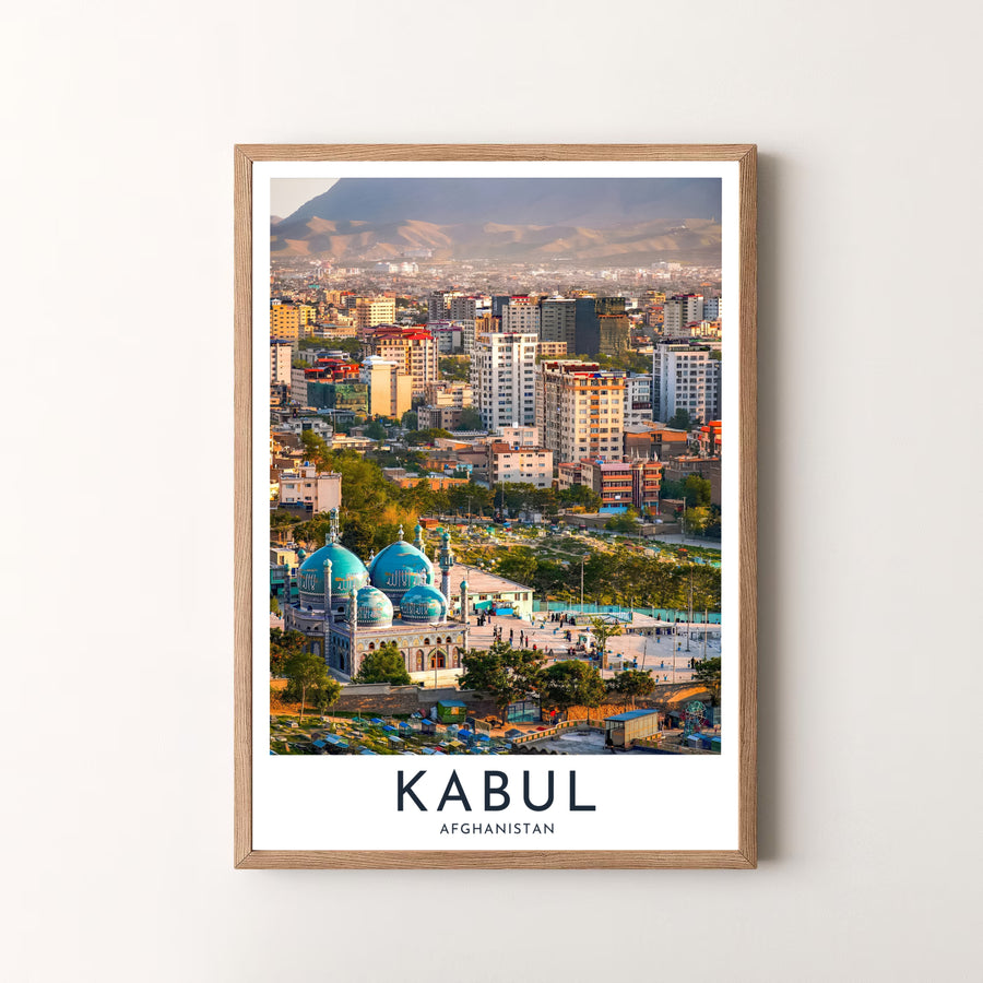 Urban photo print of Kabul Afghanistan highlighting city architecture, blue mosque domes, and scenic mountain ranges, offered by MapYourDreams as an unframed art print, gallery canvas print, or custom framed wall art in retro white and silver frame choices for living rooms.