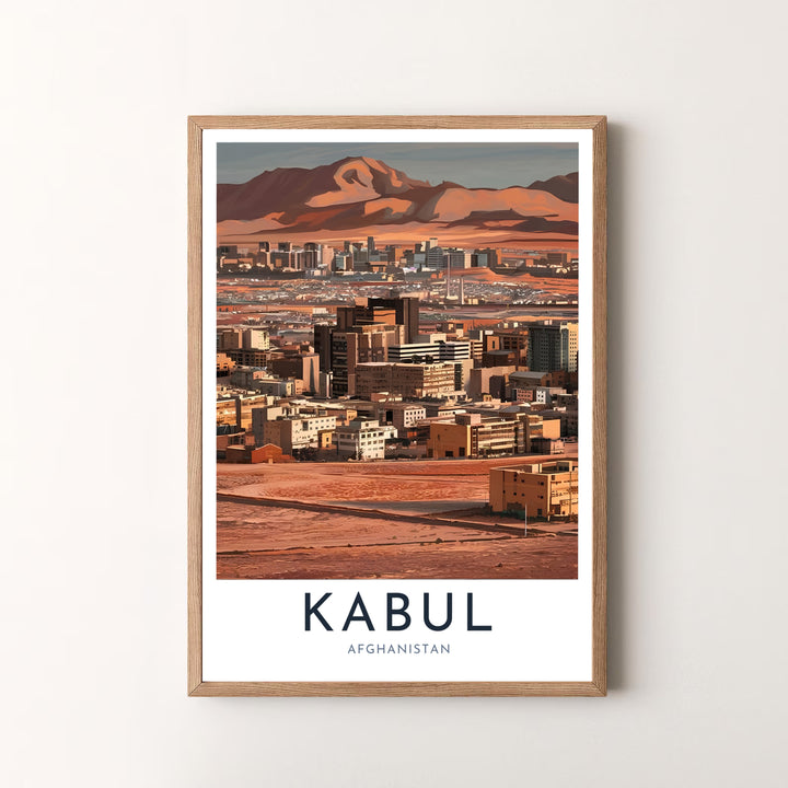 Urban illustration print of Kabul Afghanistan highlighting city architecture and scenic desert mountain ranges, offered by MapYourDreams as an unframed art print, gallery canvas print, or custom framed wall art in retro white and silver frame choices for living rooms.