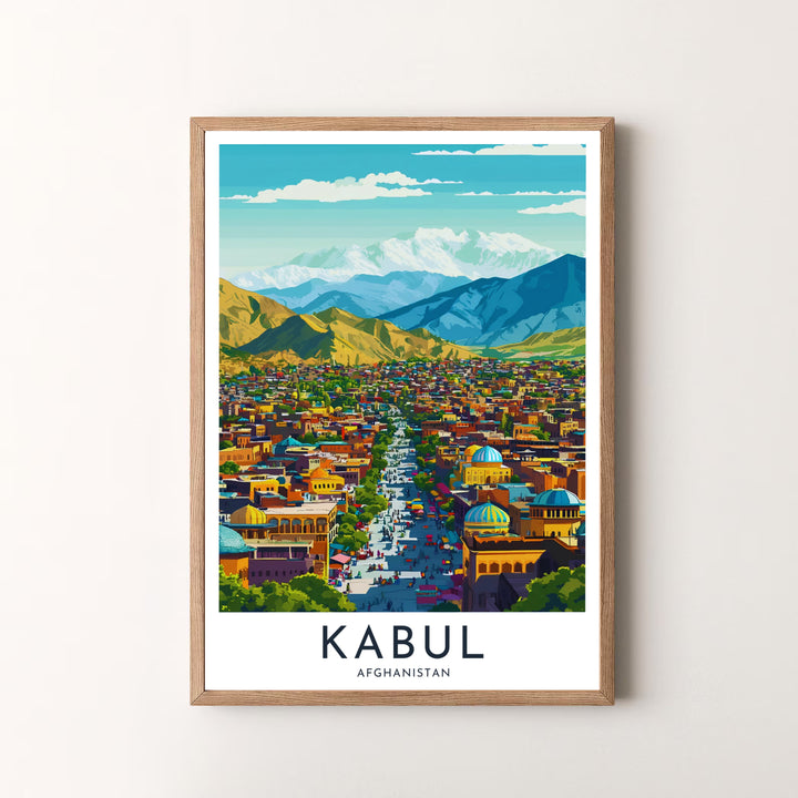 Urban illustration print of Kabul Afghanistan highlighting retro city architecture and scenic snow-covered Hindu Kush mountain ranges, offered by MapYourDreams as an unframed art print, gallery canvas print, or custom framed wall art in retro white and silver frame choices for living rooms.