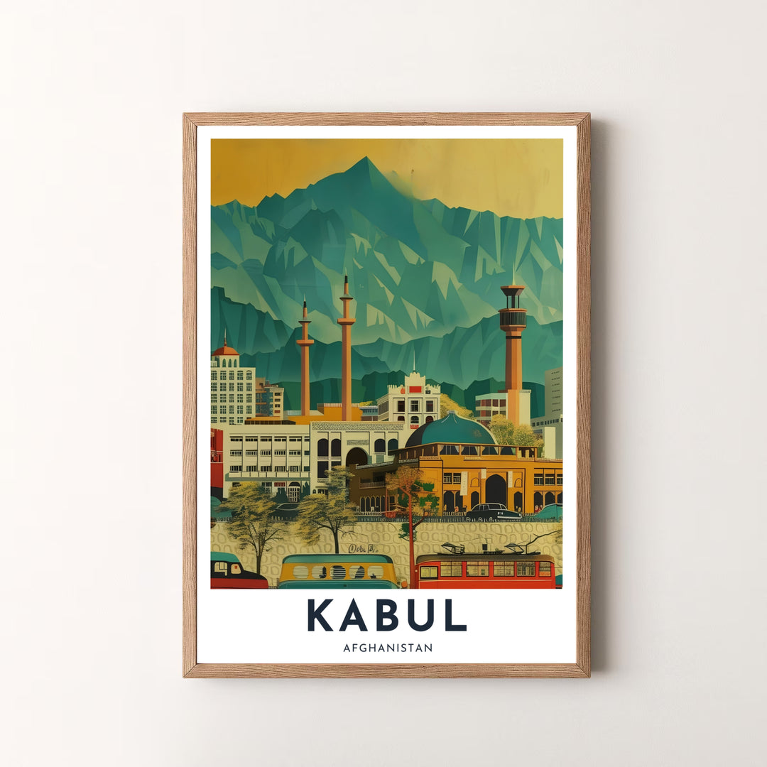 Illustrated wall art poster showcasing mosque minarets, a teal dome, and sweeping mountain slopes in Kabul, Afghanistan. Created by MapYourDreams with options for unframed art prints, stretched canvas wall decor, or custom framed prints in gold and classic black frame finishes.