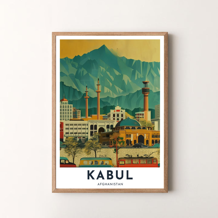 Illustrated wall art poster showcasing mosque minarets, a teal dome, and sweeping mountain slopes in Kabul, Afghanistan. Created by MapYourDreams with options for unframed art prints, stretched canvas wall decor, or custom framed prints in gold and classic black frame finishes.