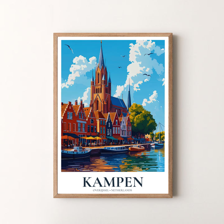 Bold graphic art piece detailing Kampen Overijssel Netherlands waterfront facades, riverboats, and bright blue skies, available at MapYourDreams as an unframed print, a stretched canvas, or custom framing options to complement statement wall setups.