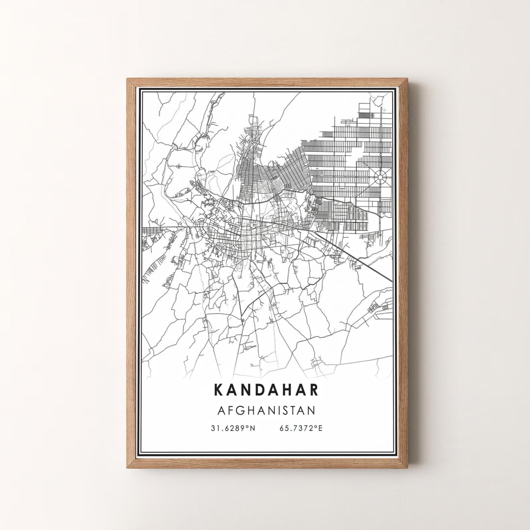 Clean vector map illustration print of Kandahar, Afghanistan, highlighting city street networks and precise coordinate details. Offered by MapYourDreams as an unframed art print, a gallery canvas print, or a custom framed wall art piece in retro white and silver frame choices.