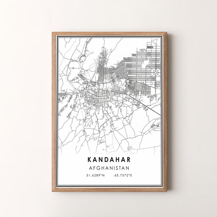 Clean vector map illustration print of Kandahar, Afghanistan, highlighting city street networks and precise coordinate details. Offered by MapYourDreams as an unframed art print, a gallery canvas print, or a custom framed wall art piece in retro white and silver frame choices.
