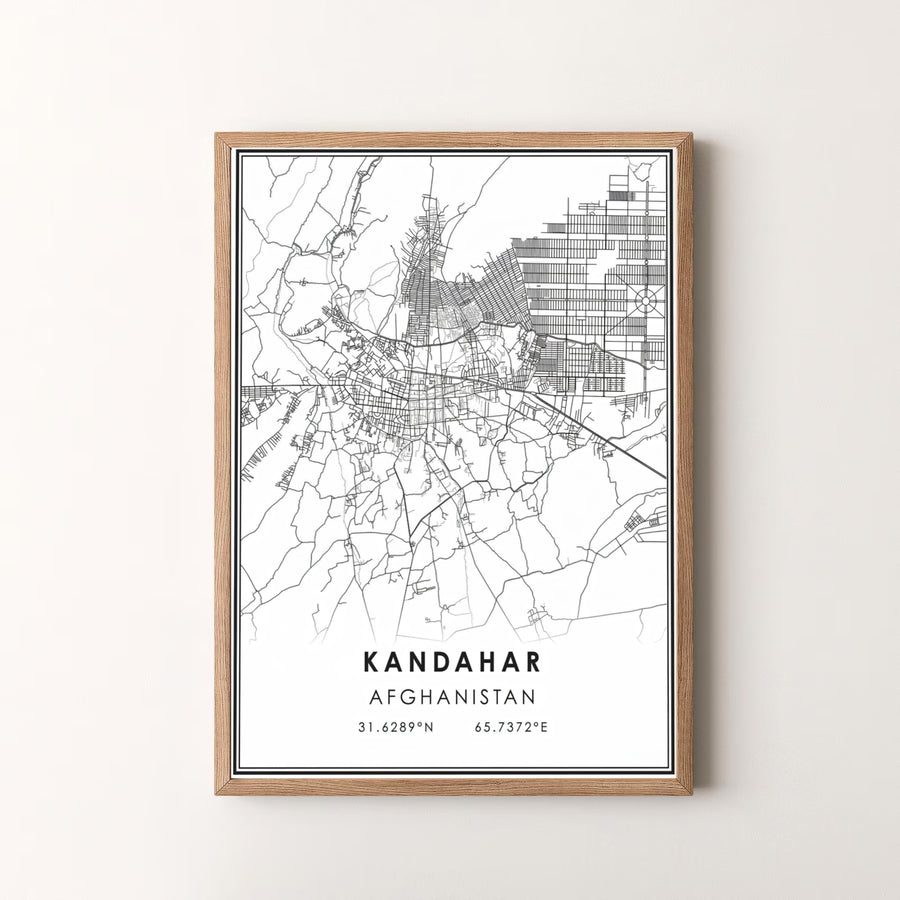 Clean vector map illustration print of Kandahar, Afghanistan, highlighting city street networks and precise coordinate details. Offered by MapYourDreams as an unframed art print, a gallery canvas print, or a custom framed wall art piece in retro white and silver frame choices.