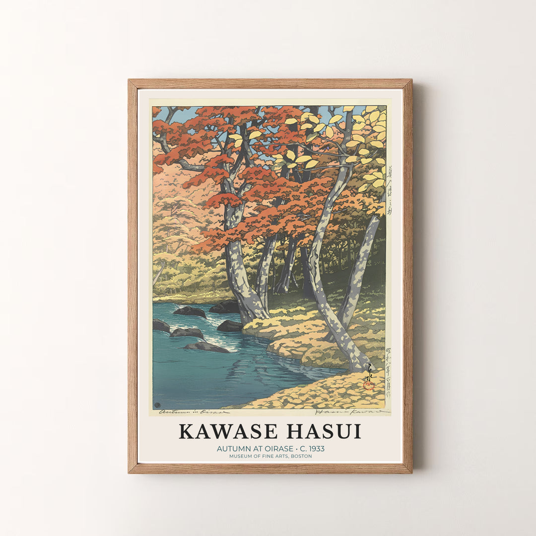 Peaceful Japanese woodblock print Autumn at Oirase by artist Kawase Hasui featuring autumn river scenery in a museum style at Oirase Mountain Stream. MapYourDreams offers versatile framed, unframed, and canvas print options.