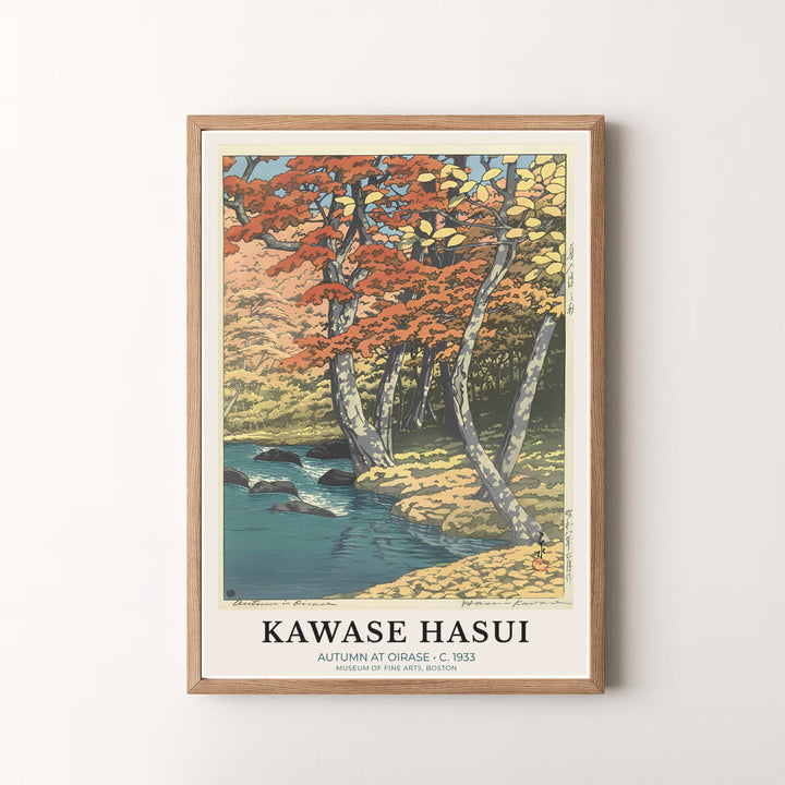 Peaceful Japanese woodblock print Autumn at Oirase by artist Kawase Hasui featuring autumn river scenery in a museum style at Oirase Mountain Stream. MapYourDreams offers versatile framed, unframed, and canvas print options.