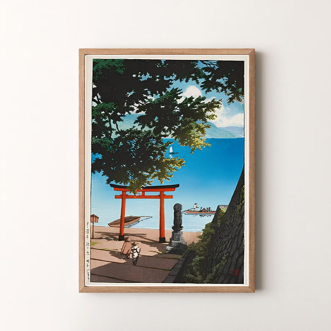 Peaceful Japanese woodblock print Lake Biwa by artist Kawase Hasui featuring torii gate scenery in a museum style at Lake Biwa. MapYourDreams offers versatile framed, unframed, and canvas print options.