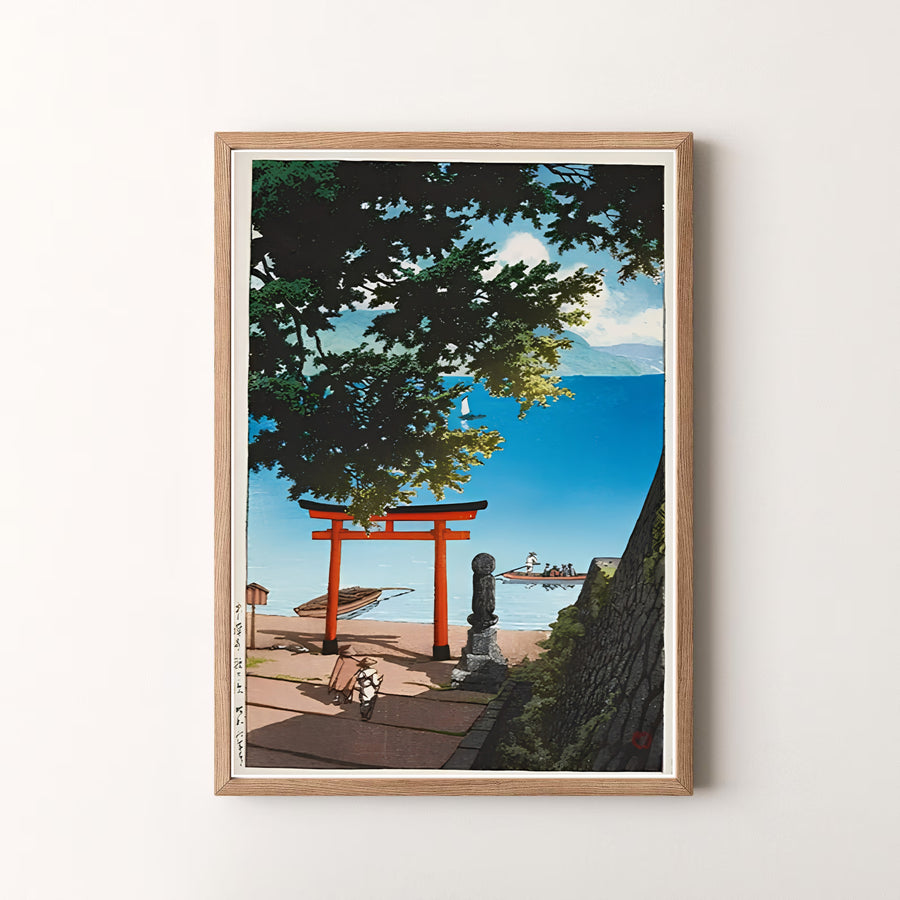 Peaceful Japanese woodblock print Lake Biwa by artist Kawase Hasui featuring torii gate scenery in a museum style at Lake Biwa. MapYourDreams offers versatile framed, unframed, and canvas print options.