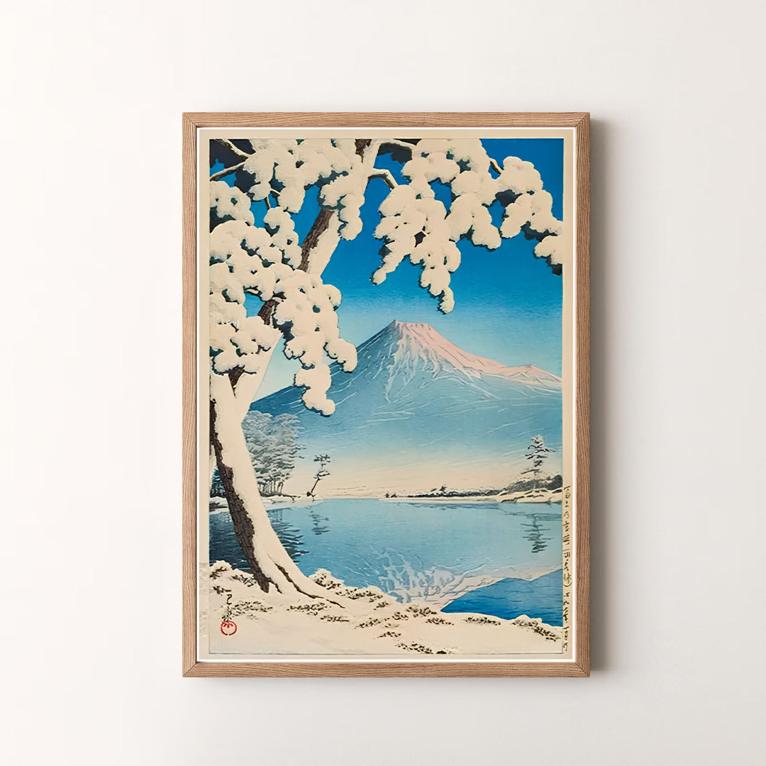 Peaceful Japanese woodblock print Lake Kawaguchi by artist Kawase Hasui featuring Mount Fuji scenery in a museum style at Lake Kawaguchi. MapYourDreams offers versatile framed, unframed, and canvas print options.