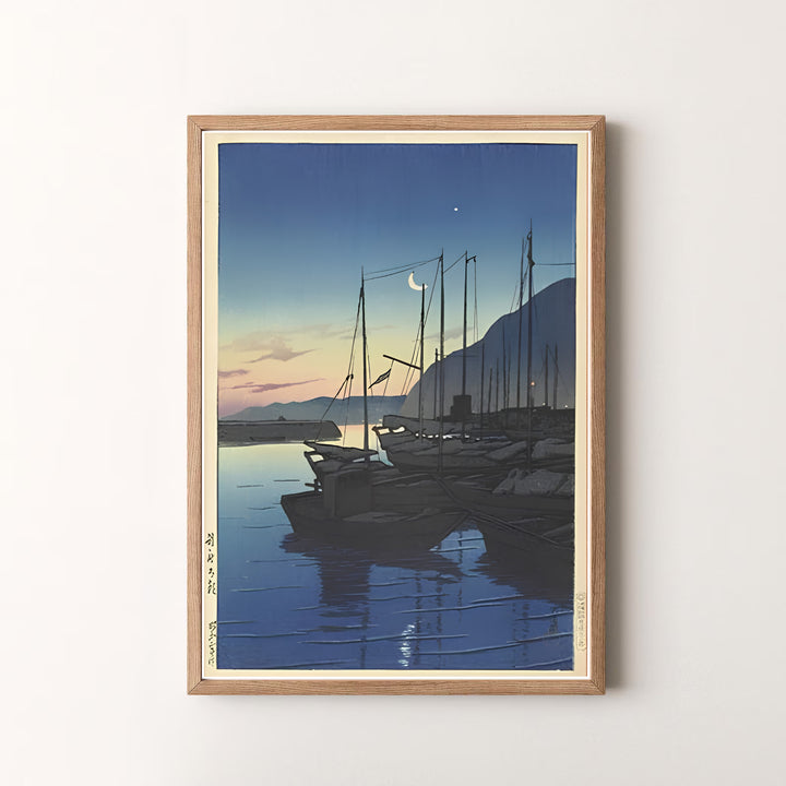 Peaceful Japanese woodblock print Morning in Beppu by artist Kawase Hasui featuring harbor scenery in a museum style at Morning in Beppu. MapYourDreams offers versatile framed, unframed, and canvas print options.