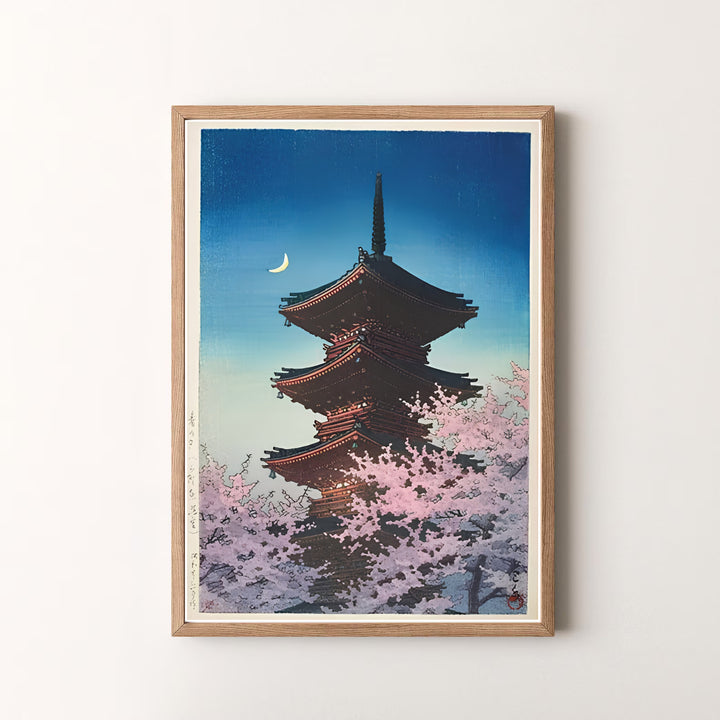 Peaceful Japanese woodblock print Spring Evening Ueno by artist Kawase Hasui featuring pagoda scenery in a museum style at Spring Evening Ueno. MapYourDreams offers versatile framed, unframed, and canvas print options.