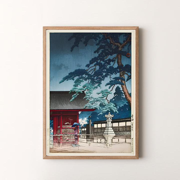 Peaceful Japanese woodblock print Spring Rain Gokokuji Temple by artist Kawase Hasui featuring shrine rain scenery in a museum style at Spring Rain Gokokuji Temple. MapYourDreams offers versatile framed, unframed, and canvas print options.