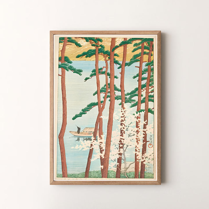 Peaceful Japanese woodblock print Spring at Arashiyama Kyoto by artist Kawase Hasui featuring sakura scenery in a museum style at Spring at Arashiyama Kyoto. MapYourDreams offers versatile framed, unframed, and canvas print options.