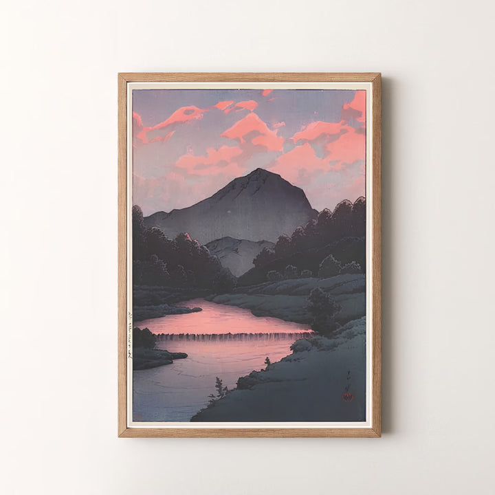 Peaceful Japanese woodblock print Sunset at Oirase by artist Kawase Hasui featuring mountain river scenery in a museum style at Sunset at Oirase. MapYourDreams offers versatile framed, unframed, and canvas print options.