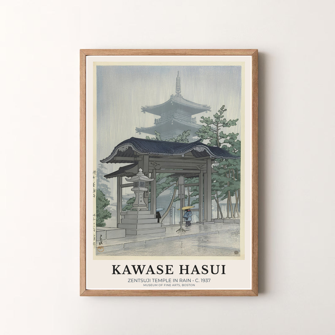 Peaceful Japanese woodblock print Zentsuji Temple by artist Kawase Hasui featuring pagoda rain scenery in a museum style at Zentsuji Temple. MapYourDreams offers versatile framed, unframed, and canvas print options.