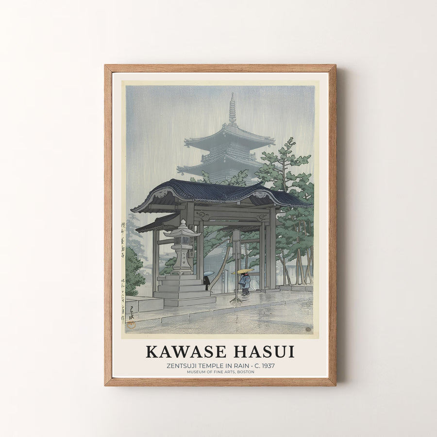 Peaceful Japanese woodblock print Zentsuji Temple by artist Kawase Hasui featuring pagoda rain scenery in a museum style at Zentsuji Temple. MapYourDreams offers versatile framed, unframed, and canvas print options.