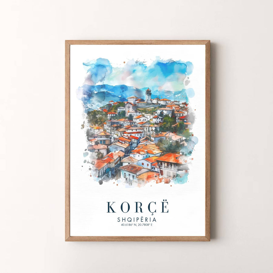 Elegant cartographic watercolor art poster featuring Korçë Albania, designed to bring European historical charm into your living space. Choose your presentation from unframed paper stock, custom wood frames, or stretched gallery canvas.