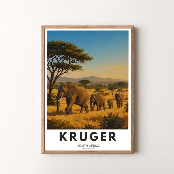 Kruger South Africa Safari Travel Posters for Sale featuring a herd of elephants walking through golden savanna grass with acacia trees and mountain ridges. Offered by MapYourDreams, this artwork is available in flexible options including unframed paper, custom wooden frames, and gallery canvas.