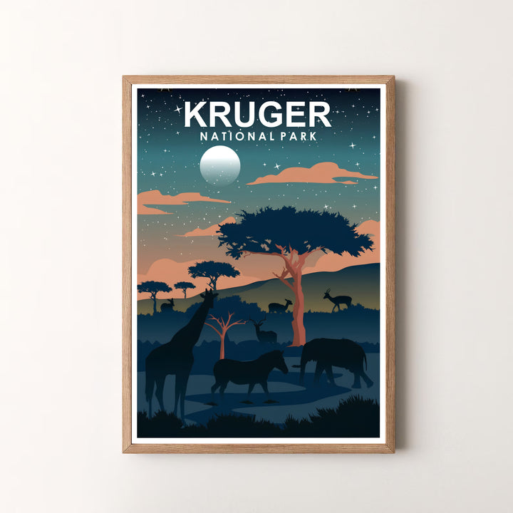 Breathtaking African night safari art print capturing diverse wild fauna under a radiant full moon and starry sky in Kruger National Park. Offered by MapYourDreams, this artwork is available in flexible options including unframed paper, custom wooden frames, and gallery canvas choices for your living area.
