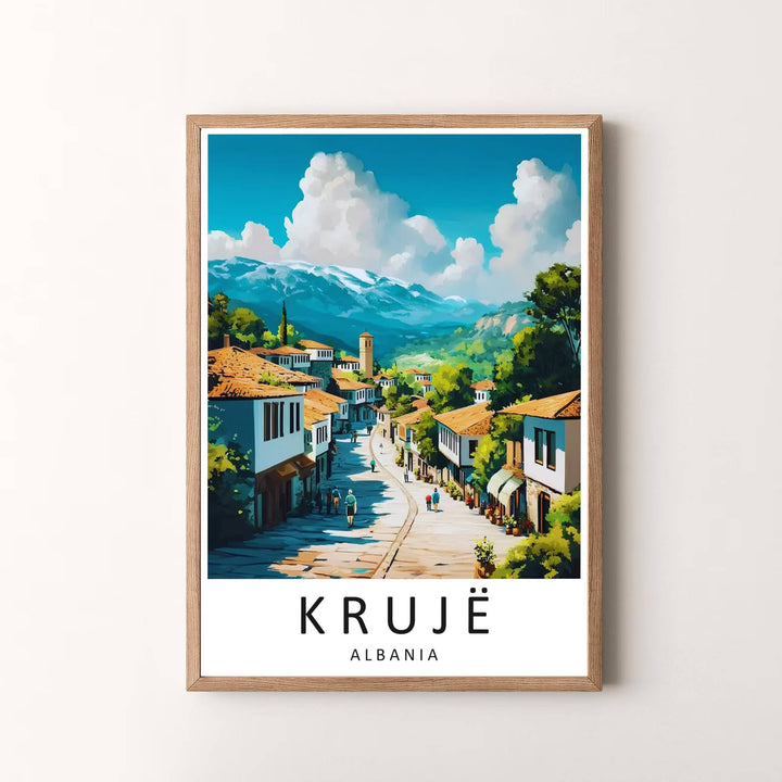 Elegant vintage travel art poster featuring Krujë Albania, designed to bring European historical charm into your living space. Choose your presentation from unframed paper stock, custom wood frames, or stretched gallery canvas.