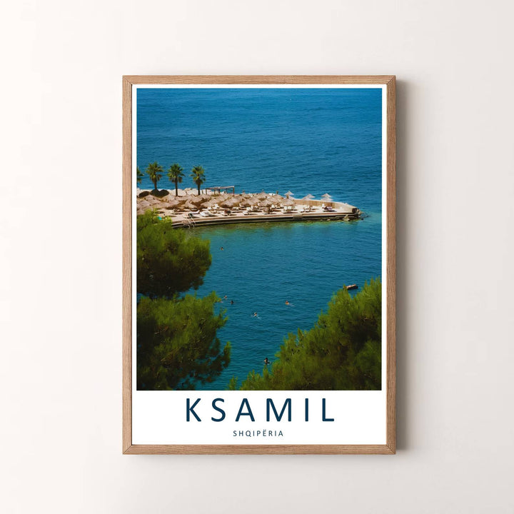 Elegant vintage travel art poster featuring Ksamil Albania, designed to bring European beach serenity and summer warmth into your living space. Choose your presentation from unframed paper stock, custom wood frames, or stretched gallery canvas.