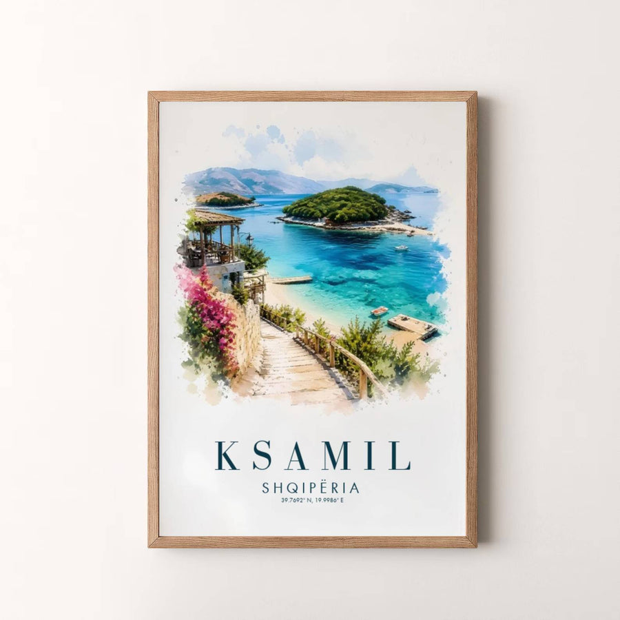 Elegant cartographic watercolor art poster featuring Ksamil Islands Albania, designed to bring European coastal serenity and summer warmth into your space. Choose your presentation from unframed paper stock, custom wood frames, or stretched gallery canvas.