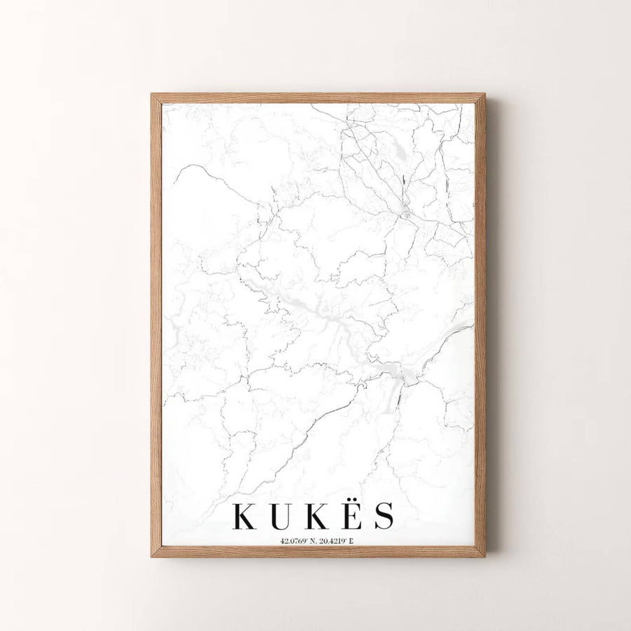 High-contrast monochrome cartography celebrates northern Albania’s Kukës County, making it a thoughtful gift for travel lovers and locals alike. MapYourDreams makes this available in unframed paper, custom framed styles, and gallery canvas wraps.