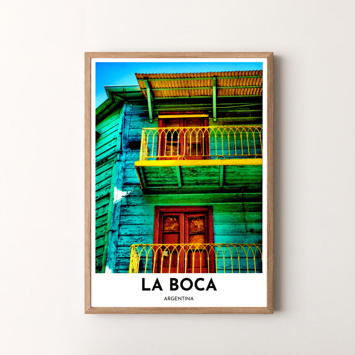 Saturated color photography print showing the turquoise, red, and yellow painted wood planks of La Boca in Argentina. Skillfully produced by MapYourDreams, this artwork is provided in multiple formats including unframed paper stock, custom frames, or stretched canvas wraps.