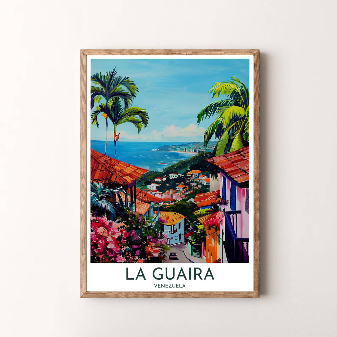 Modern painterly travel artwork featuring a picturesque view across La Guaira to the Caribbean Sea in Venezuela. Available in the MapYourDreams studio, this geographic print is offered as unframed archival paper, framed wall art, or gallery canvas wraps.