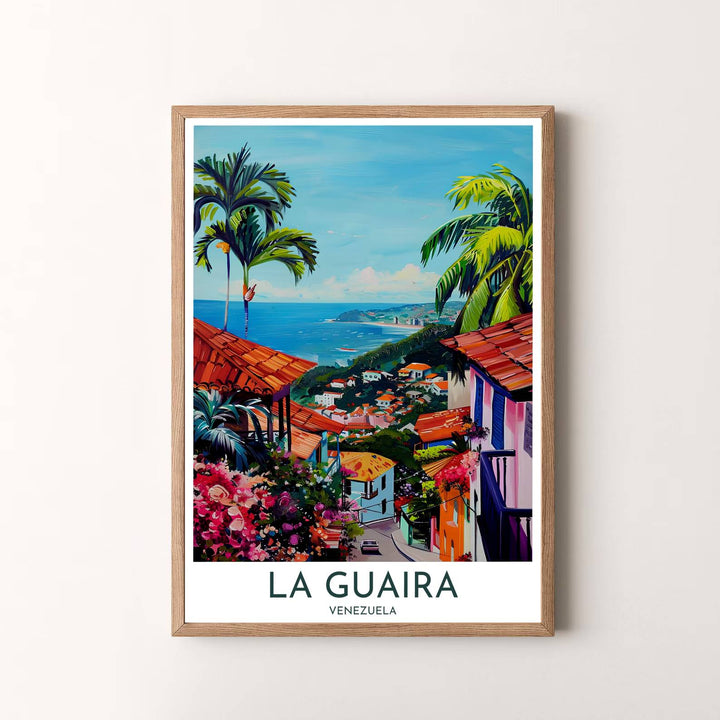 Modern painterly travel artwork featuring a picturesque view across La Guaira to the Caribbean Sea in Venezuela. Available in the MapYourDreams studio, this geographic print is offered as unframed archival paper, framed wall art, or gallery canvas wraps.