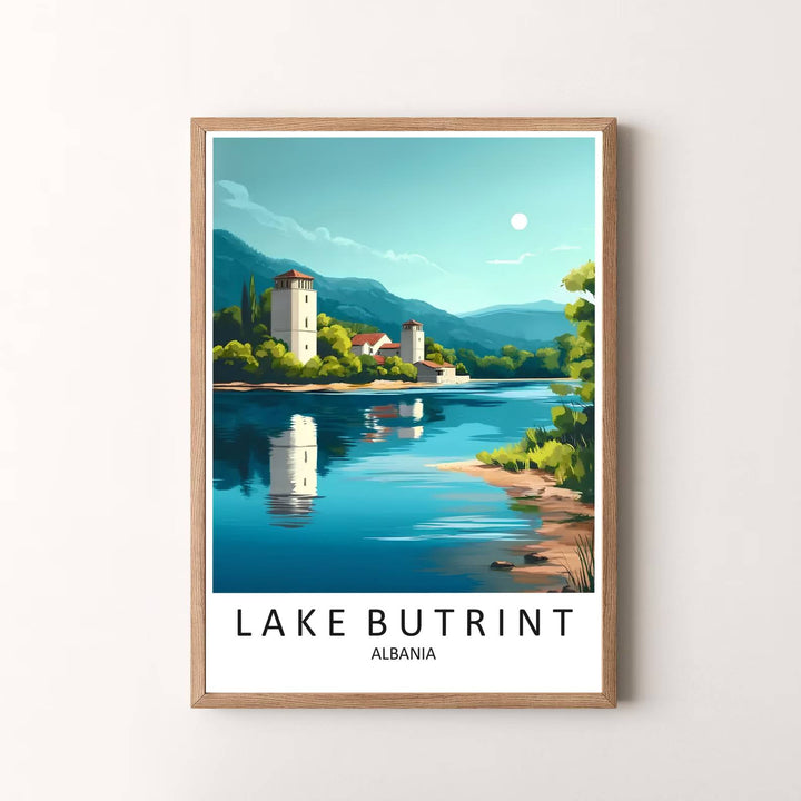 Elegant vintage travel art poster featuring Lake Butrint Albania, designed to bring European historical serenity and natural beauty into your space. Choose your presentation from unframed paper stock, custom wood frames, or stretched gallery canvas.