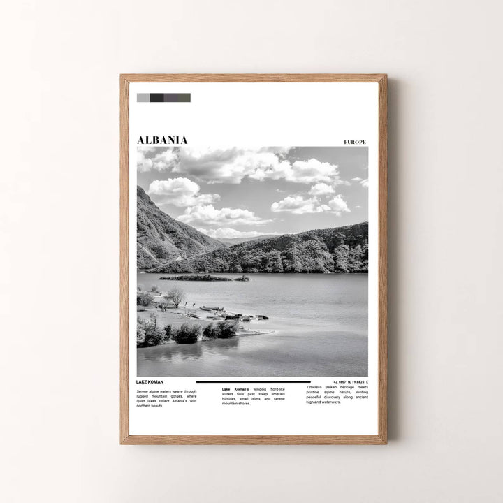 Elegant editorial travel art poster featuring Lake Koman Albania, designed to bring European wilderness serenity and modern style into your space. Choose your presentation from unframed paper stock, custom wood frames, or stretched gallery canvas.