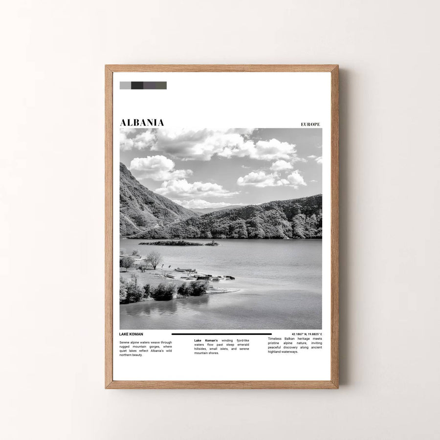 Elegant editorial travel art poster featuring Lake Koman Albania, designed to bring European wilderness serenity and modern style into your space. Choose your presentation from unframed paper stock, custom wood frames, or stretched gallery canvas.