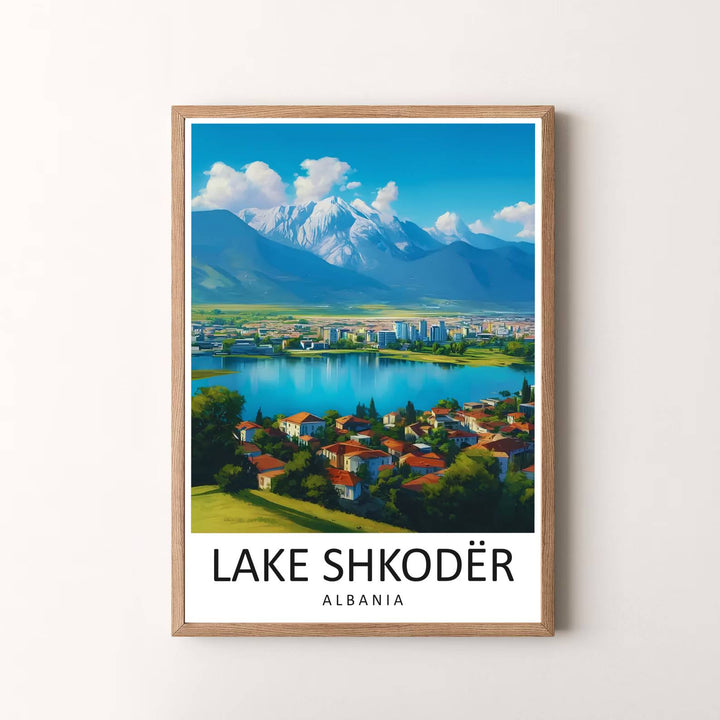 Elegant vintage travel art poster featuring Lake Shkodër Albania, designed to bring European alpine serenity and natural beauty into your space. Choose your presentation from unframed paper stock, custom wood frames, or stretched gallery canvas.