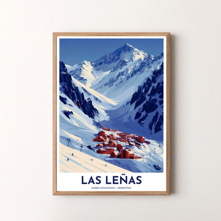 Modern ski travel artwork featuring a dramatic winter view of Las Leñas resort chalets nestled beneath Andes mountain peaks. Available in the MapYourDreams studio, this geographic print is offered as unframed archival paper, framed wall art, or gallery canvas wraps.