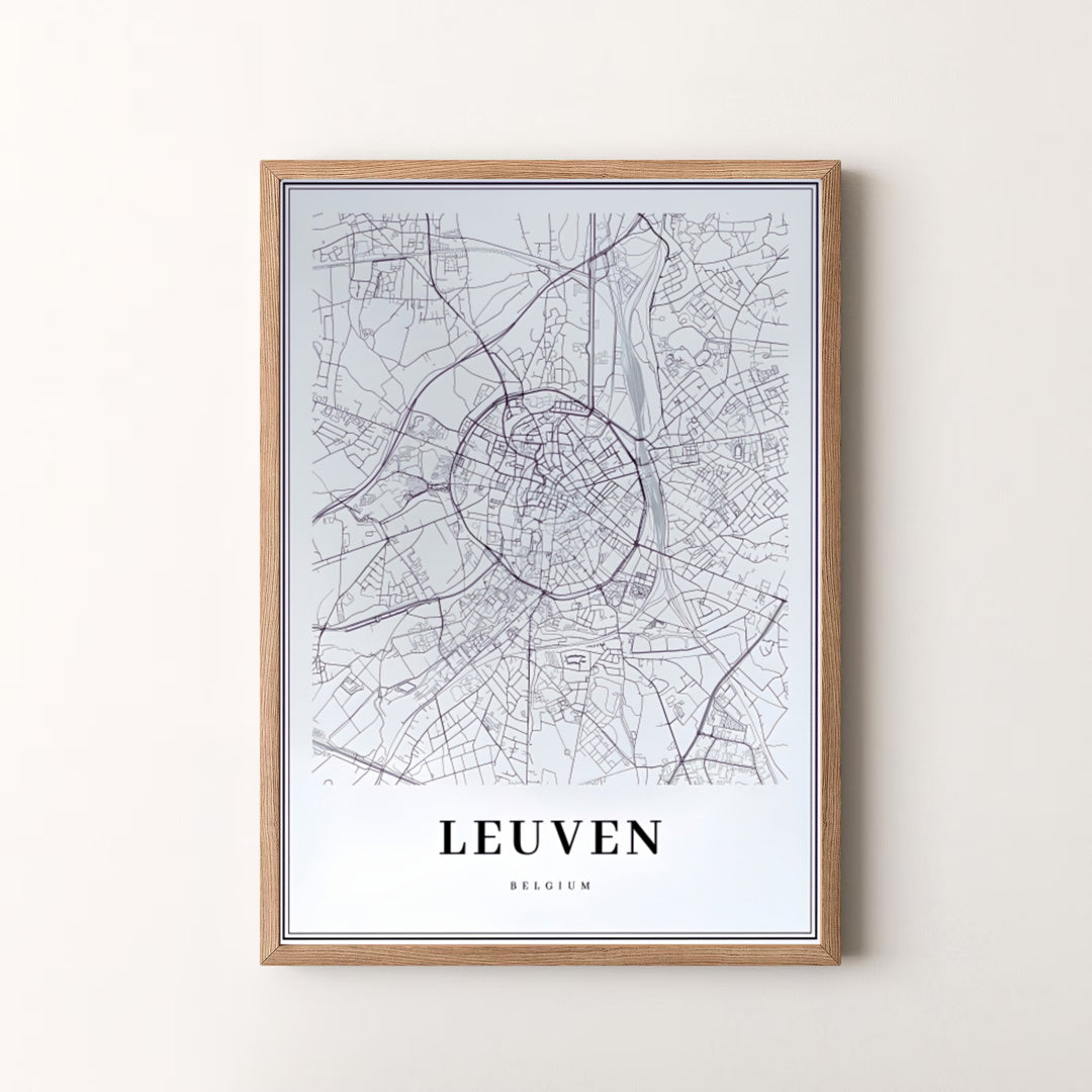 A striking urban map print featuring the crisp white background and black line art of Leuven, Belgium. Offered by MapYourDreams, this artwork is available in flexible options including unframed paper, custom wooden frames, and gallery canvas wraps.