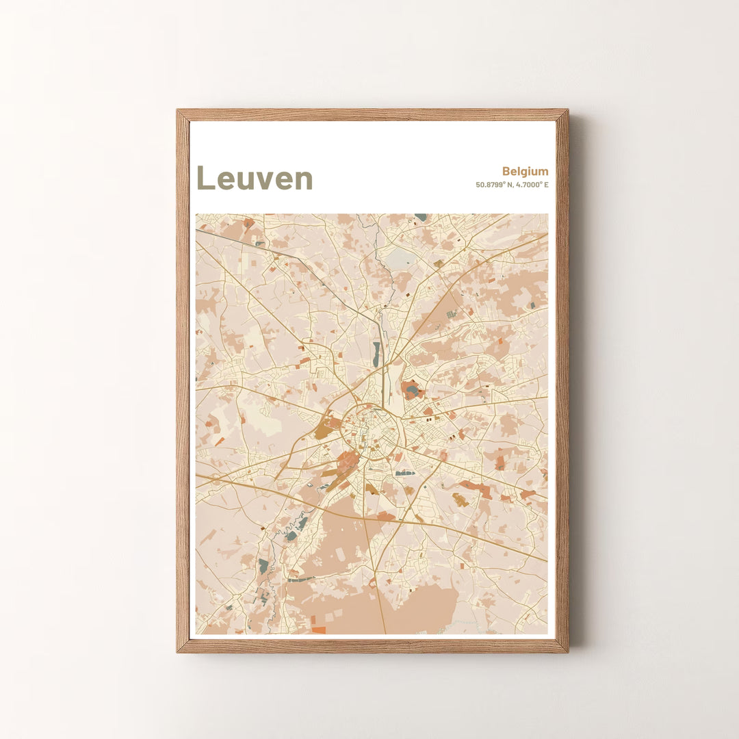 A striking urban map print featuring warm beige grounds and terracotta block art of Leuven, Belgium. Offered by MapYourDreams, this artwork is available in flexible options including unframed paper, custom wooden frames, and gallery canvas wraps.