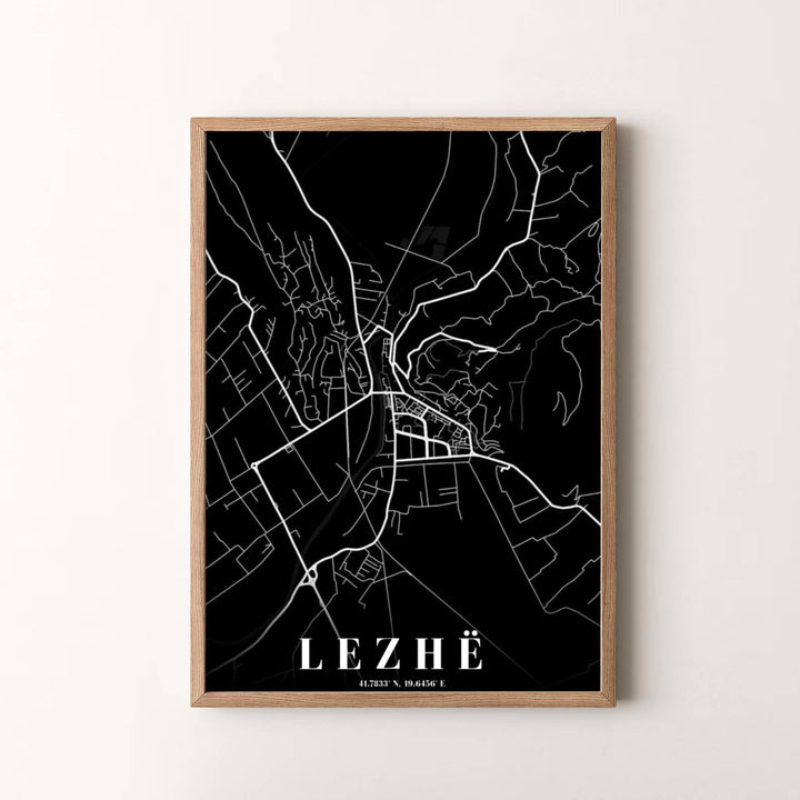 Modern Scandinavian-style map artwork depicting Lezhë, Albania, designed to bring subtle geographical elegance to your interior decor. Choose your presentation from unframed paper stock, custom wood frames, or stretched gallery canvas.