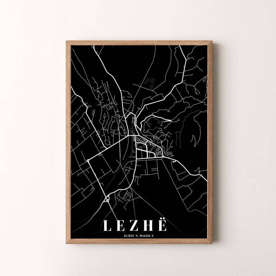 Modern Scandinavian-style map artwork depicting Lezhë, Albania, designed to bring subtle geographical elegance to your interior decor. Choose your presentation from unframed paper stock, custom wood frames, or stretched gallery canvas.