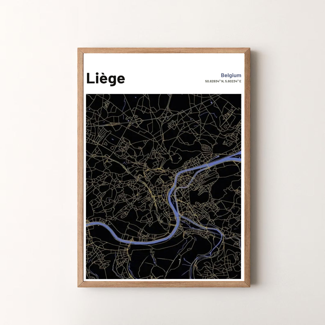 A striking urban map print featuring a dark black background and glowing gold vector lines of Liège, Belgium. Offered by MapYourDreams, this artwork is available in flexible options including unframed paper, custom wooden frames, and gallery canvas wraps.