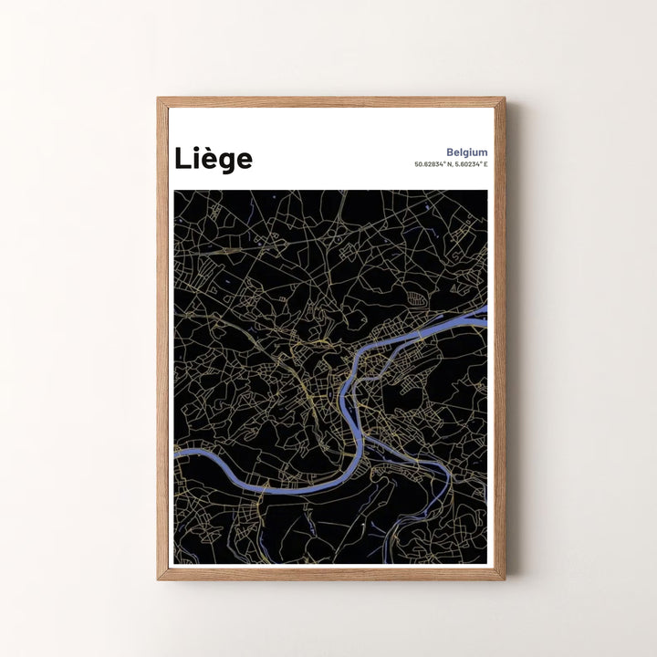 A striking urban map print featuring a dark black background and glowing gold vector lines of Liège, Belgium. Offered by MapYourDreams, this artwork is available in flexible options including unframed paper, custom wooden frames, and gallery canvas wraps.