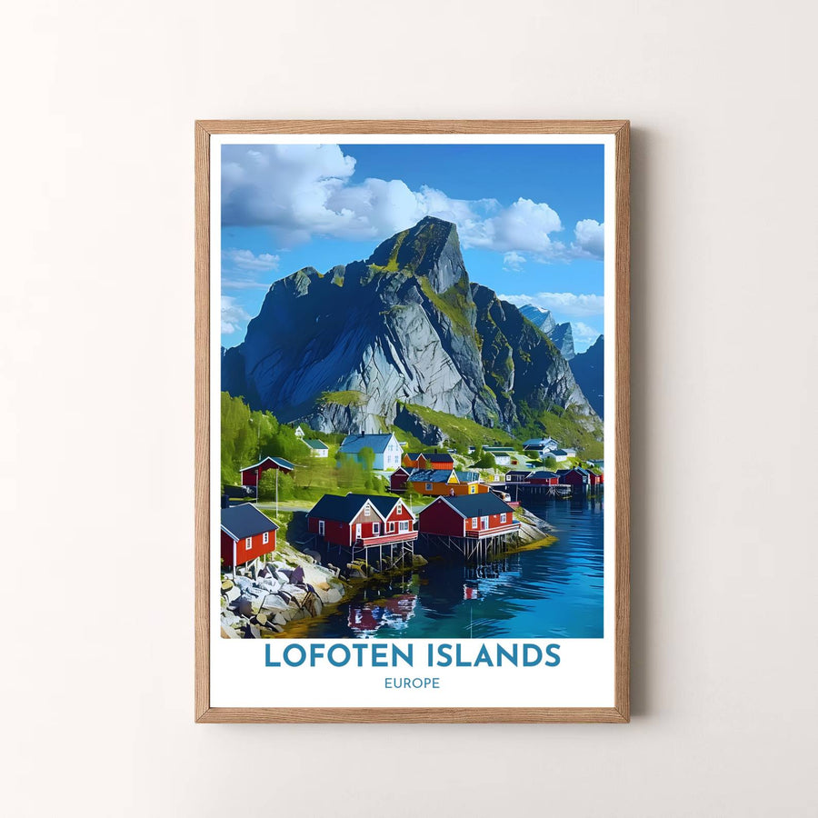 Radiant Scandinavian wall art print of Hamnoy in Lofoten Islands Norway with vibrant red cabins and breathtaking mountain scenery. Presented by MapYourDreams, this artwork is available in flexible options including unframed paper, custom wooden frames, and gallery canvas wraps for timeless wall decor.