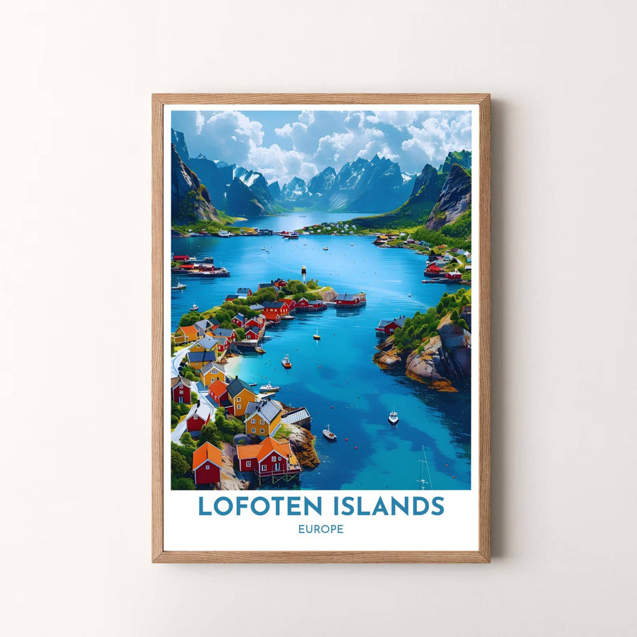 Radiant Scandinavian wall art print of Henningsvaer in Lofoten Islands Norway with vibrant coastal waters and dramatic mountain scenery. Presented by MapYourDreams, this artwork is available in flexible options including unframed paper, custom wooden frames, and gallery canvas wraps for timeless wall decor.