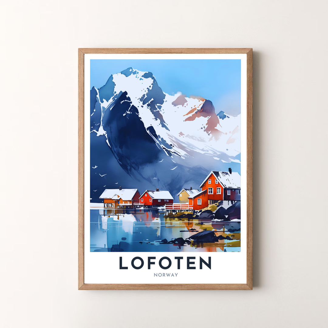 Scenic coastal landscape view of Lofoten Norway rendered in soft blues, whites, and crimson red with watercolor travel poster styling. Decorate your interior with this versatile print, offered as a fine art unframed print, gallery wrapped canvas, or elegant framed art piece.