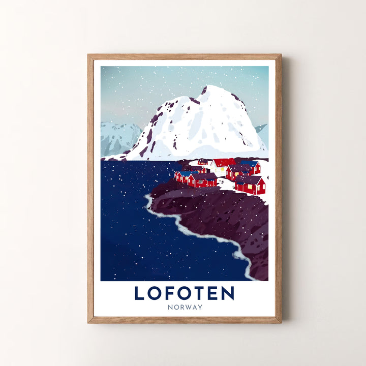 Scenic coastal winter view of Lofoten Norway rendered in navy blue, white, and crimson red with modern vector poster styling. Decorate your interior with this versatile print, offered as a fine art unframed print, gallery wrapped canvas, or elegant framed art piece.
