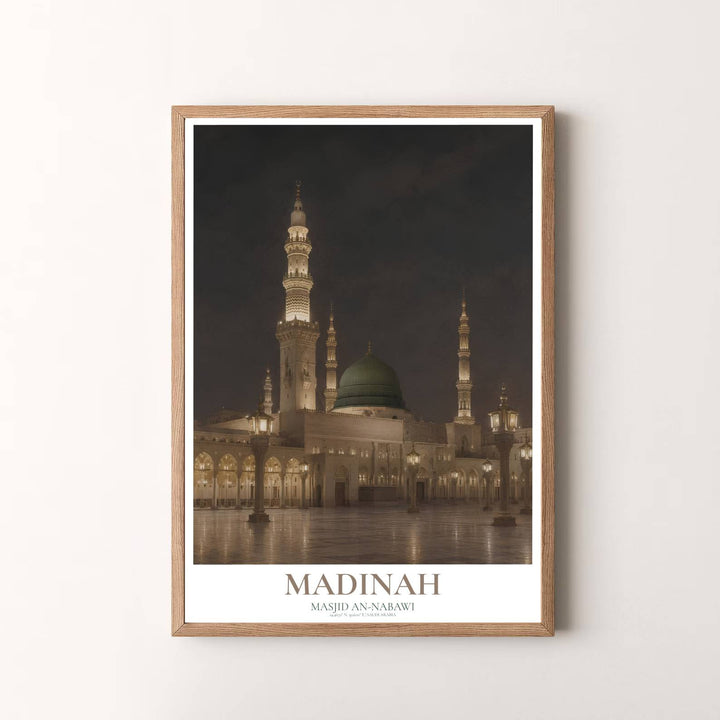 Radiant sacred wall art photo print of Al Masjid an Nabawi in Madinah with soft nocturnal atmosphere and warm golden illumination. Presented by MapYourDreams, this artwork is available in flexible options including unframed paper, custom wooden frames, and gallery canvas wraps for timeless wall decor.