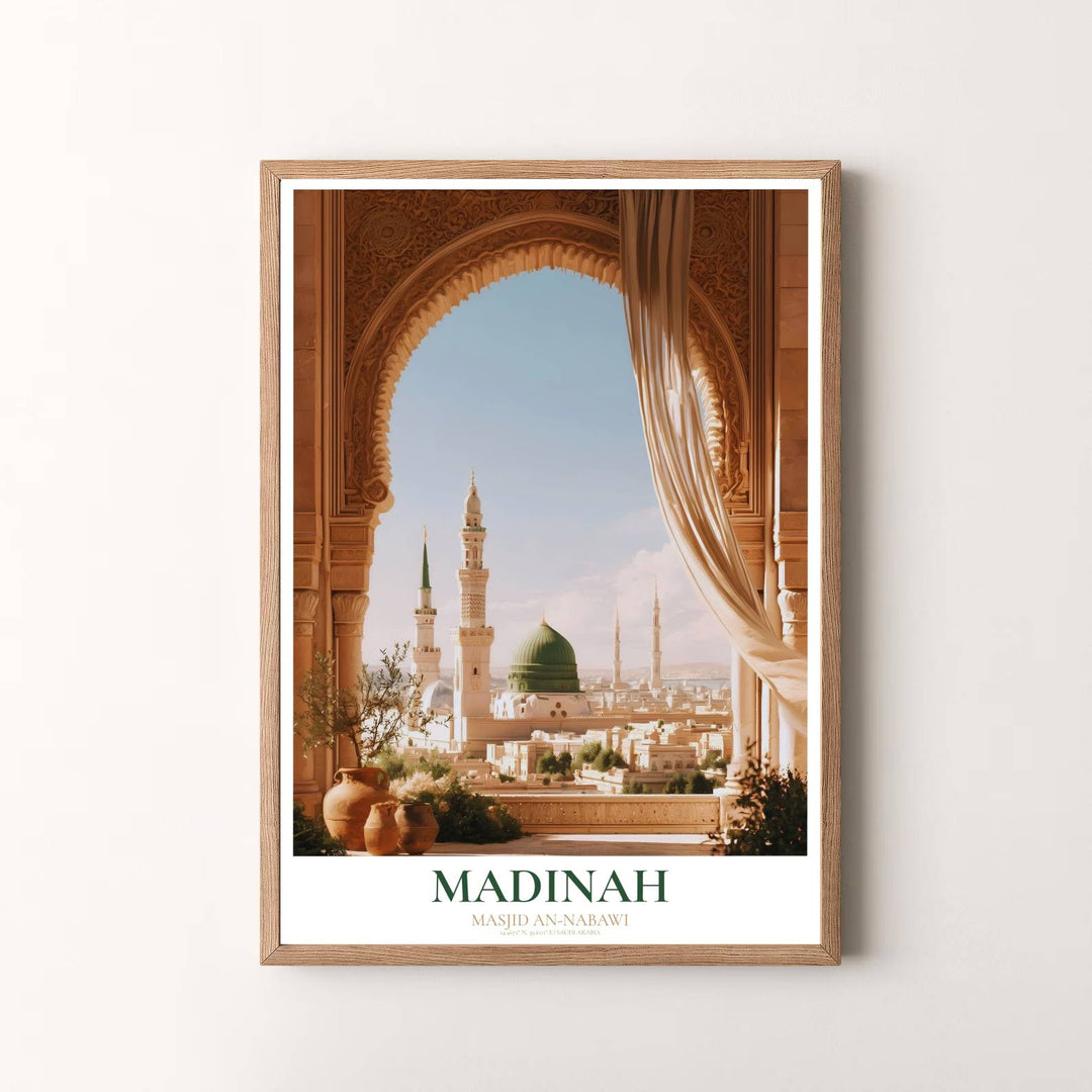 Radiant sacred wall art print of Al Masjid an Nabawi in Madinah with serene terrace atmosphere and warm golden sunlight filtering through drapes. Presented by MapYourDreams, this artwork is available in flexible options including unframed paper, custom wooden frames, and gallery canvas wraps for timeless wall decor.